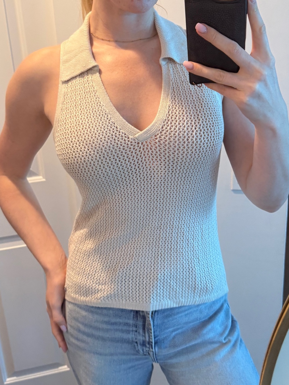 DKNY Sleeveless Knit Polo Tank Top in Cream